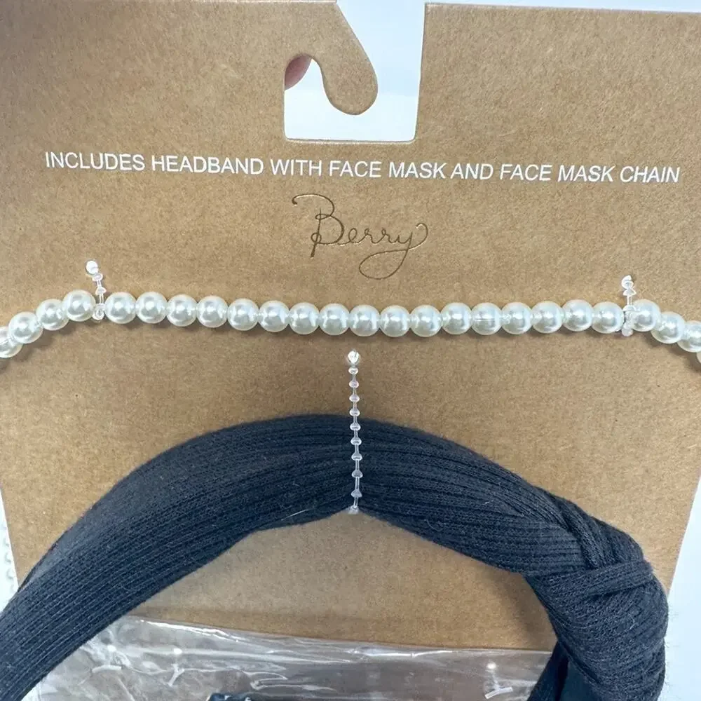 Berry Knotted Headband, Patterned Mask, and Pearl Mask Chain, Brand New